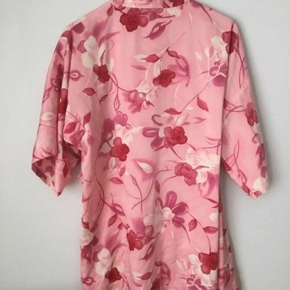 Vtg Y2k California Dynasty pink Floral Kaftan Casual 1-size wrap silky Robe Lady